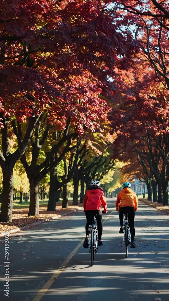 Poster video captures two cyclists from behind on a tree-lined road in autumn. the low angle highlights vib