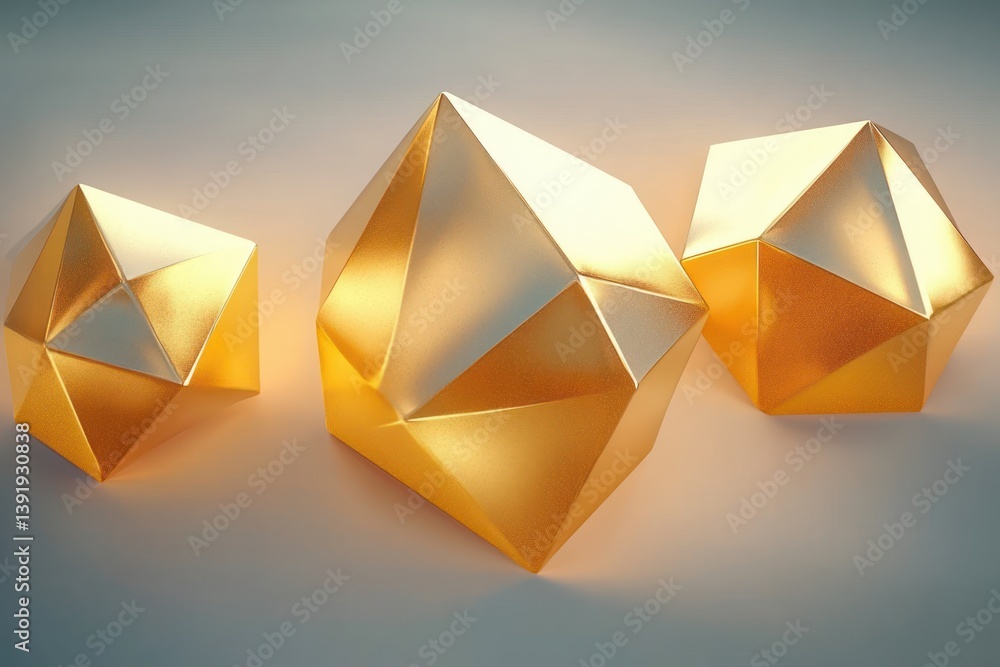 Poster Set of Golden Platonic Solids in Minimalistic Style with Soft Lighting and Smooth Gradients