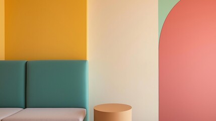 Corner of a room with a colorful wall. on the left side of the image, there is a blue sofa with a beige cushion. next to the sofa, there are two small round tables.
