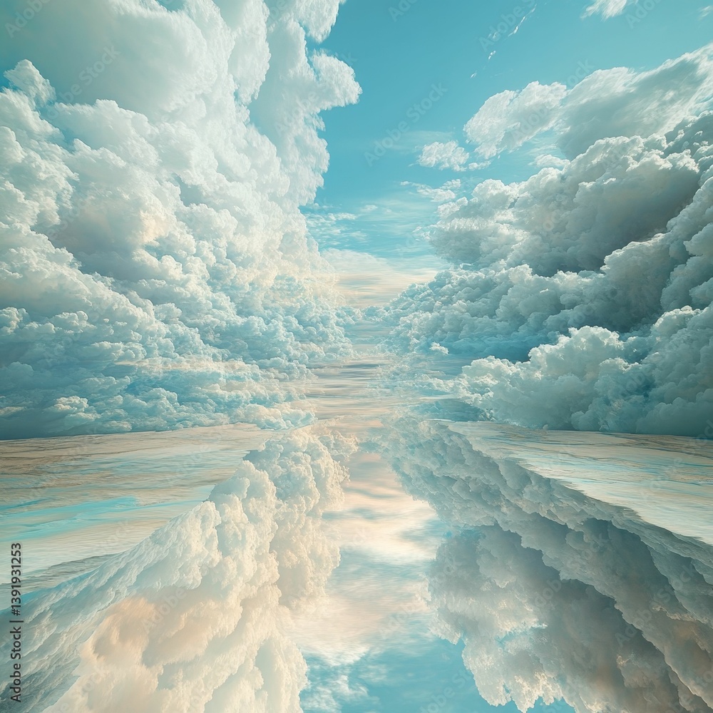 Poster sky with fluffy clouds reflected in water creating a dreamlike