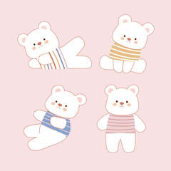 vector , illustration of  different characters of cute white bears wearing striped t shirts 