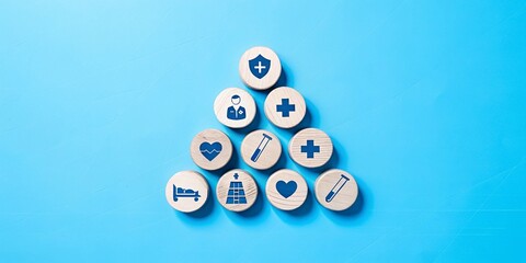 Health insurance and medical care concept. A set of wooden blocks displaying health-related icons, medical care, health insurance, and medication. healthcare services, protection, insurance coverage,