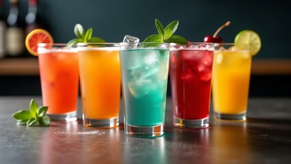 a collection of colorful cocktails arranged in a row with fruit garnish.