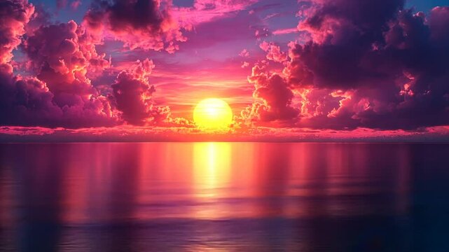 Vibrant sunset over calm ocean, reflecting vivid hues in the water and clouds