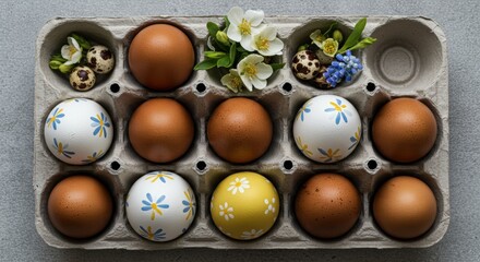 Egg carton filled with decorated Easter eggs and spring flowers on wooden surface. Holiday decoration, seasonal celebration, natural styling concept. Easter table setting.
