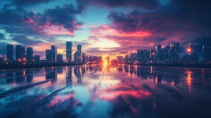 Fototapeta premium Metropolitan Reflections: Captivating Cityscape at Dusk with Vibrant Sky
