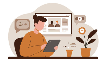 Person working remotely with tablet against a digital workspace  