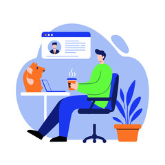 Remote worker enjoying coffee while working with pet at home  