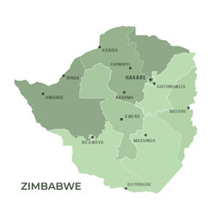 Map of ZIMBABWE with Regions Borders and Famous Cities