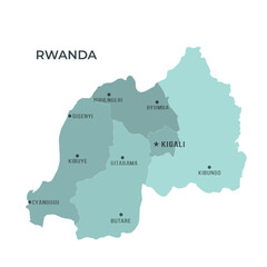 Map of RWANDA with Regions Borders and Famous Cities