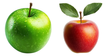 Fresh Green and Red Apples with Leaves Isolated on White Background, PNG bundle collection, Isolated on Transparent Background