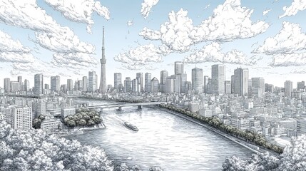 Tokyo skyline cityscape sketch drawing river bridge clouds aerial view tower art illustration landmark urban scene
