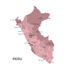 Map of Peru with Regions Borders and Famous Cities