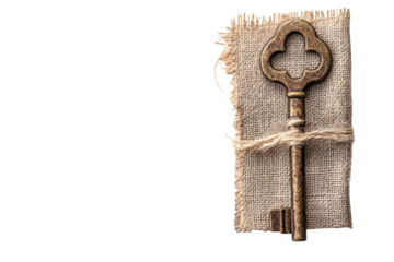 Antique skeleton key on burlap mystery secrets vintage old key rustic brown textured background isolated on transparent background