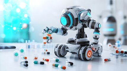 an advanced robot carefully sorting medication pills in a futuristic laboratory setting. The robot, with its sophisticated design.