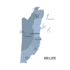 Map of BELIZE with Regions Borders and Famous Cities