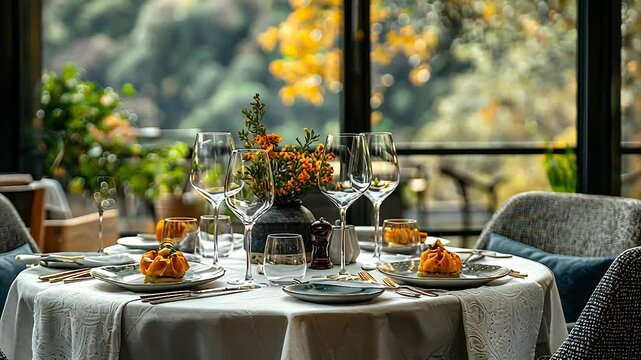 Elegant autumnal table setting with pastries, glassware, and fall foliage view