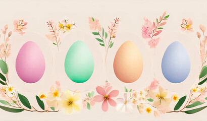 Frise d'oeufs de Pâques stylisés sur un fond pastel fleuri. Generated Image. 