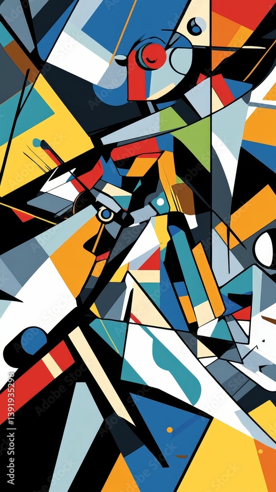 Poster abstract art with geometric shapes and vibrant colors creating a dynamic composition.