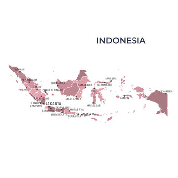 Map of INDONESIA with Regions Borders and Famous Cities