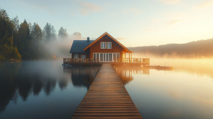 Fototapeta premium cozy lakeside house with wooden pier extending into misty water