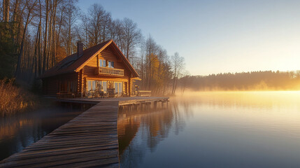 cozy lakeside resort house with wooden pier extending into misty water
