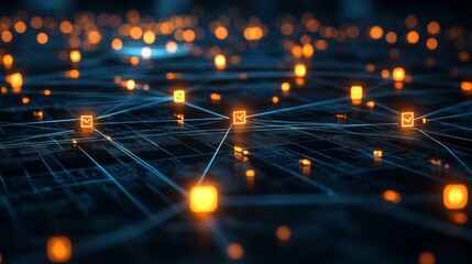 Abstract network with glowing nodes and connections on a dark surface with checkmark icons