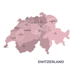 Map of SWITZERLAND with Regions Borders and Famous Cities