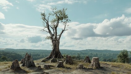  Cinematic Shot of Lone Tree in Center Surrounded by Cut-Down Trees and Stumps, Overcast Sky, Vast Landscape, Ultra-Realistic with Cinematic Lighting and Color Grading, Grainy Film-Like Quality, 