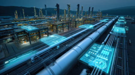 digital refinery at night showcases glowing pipelines and futuristic technology, highlighting advanced industrial processes and innovation in energy management