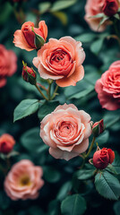 Fototapeta premium Beautiful close-up of blooming pink roses with delicate petals and green foliage in a garden