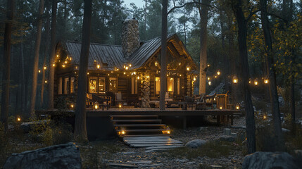 Fototapeta premium cozy forest lodge with glowing lanterns creates warm, inviting atmosphere