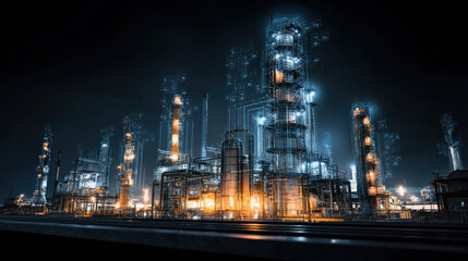 Fototapeta premium futuristic oil refinery at night is illuminated with glowing holographic displays, creating high tech and industrial atmosphere. scene is both captivating and advanced