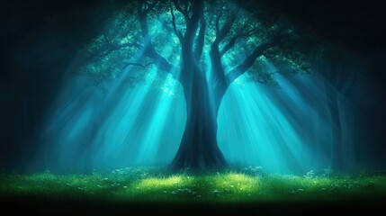 Obraz premium Mystical, glowing tree in a serene forest. Light illuminates the scene