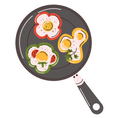 Fried eggs in sweet pepper in a frying pan. Protein breakfast of eggs. A vector design element for decorating menus, cookbooks, or baby food recipes