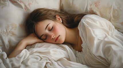 Obraz premium serene woman resting peacefully on white cotton sheets in comfortable bed showcasing sleep wellness relaxation and indoor nighttime calm environment