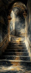 Naklejka premium Stone staircase leading to light through an archway in a dark setting.