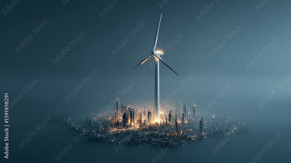 Poster giant wind turbine towers over futuristic cityscape, enveloped in mist and illuminated by glowing li