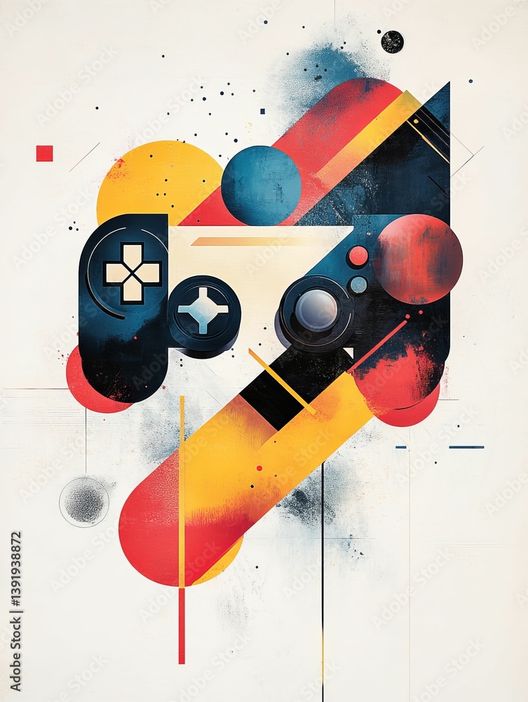 Poster abstract illustration of a game controller with colorful geometric shapes and cosmic elements.