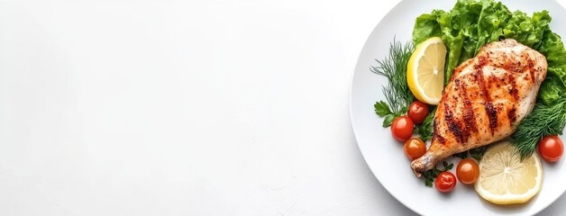 Delicious grilled chicken garnished with dill and lemon, accompanied by ripe cherry tomatoes on a pristine white plate