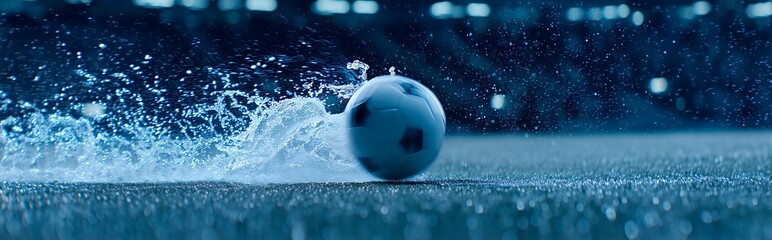 Naklejka premium Dynamic flying soccer ball splashing water under soft top light in motion blur on sports field background