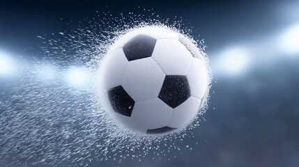 Fototapeta premium Dynamic flying soccer ball splashing water under soft top light in motion blur on sports field background