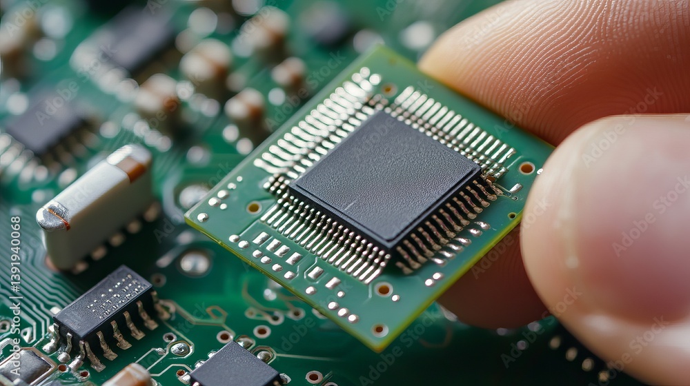 Poster person holding a square microchip with pins over a green circuit board with various components