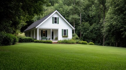 country farmhouse scenes, traditional white farmhouse with green shutters and a cozy porch swing, surrounded by tall trees, with ample room for text