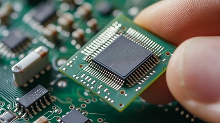 Person holding a square microchip with pins over a green circuit board with various components