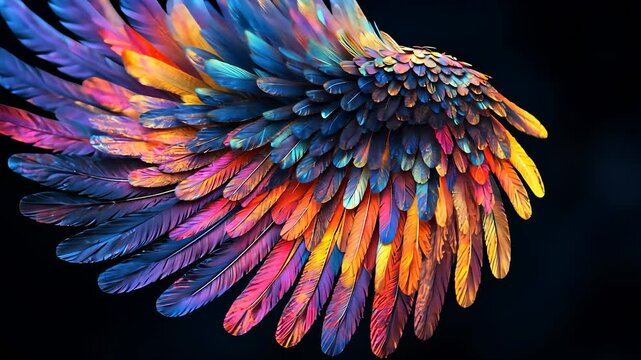 An image of colorful wing. Black background with angel wings. A generative bright color for a computer. A picture of a vibrant wing lifestyle.