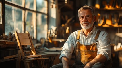 Obraz premium Skilled Artisan in Sunlit Workshop Crafting Wooden Furniture with Traditional Tools