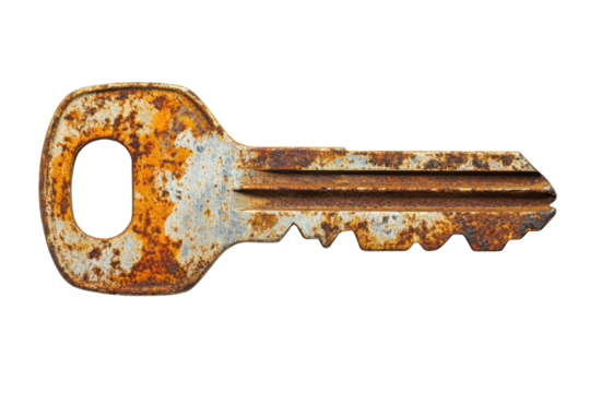 A heavily rusted antique key a symbol of forgotten memories and lost opportunities close up detail isolated on transparent background