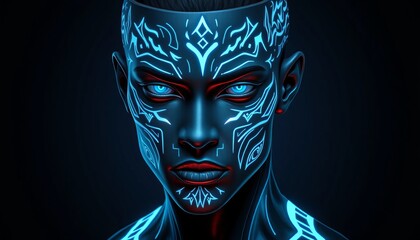 Futuristic Woman with Neon Tribal Face Paint Dark Background Portrait