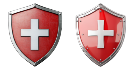 Two Distinct Swiss Shields with Cross Emblems in Red and Silver, PNG bundle collection, Isolated on Transparent Background